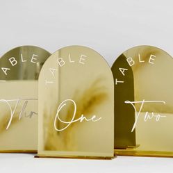Gold Mirrored Arch Wedding Table Numbers with Stands