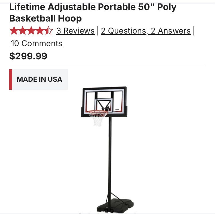 LIFETIME ADJUSTABLE PORTABLE  BASKETBALL HOOP (50-INCH POLYCARBONATE)