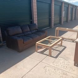 Living Room Set With Grey Sofa L86"W37"H32" Wood And Glass Tables And TV Stand 