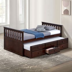 Twin Size Bed Frame Dark Walnut Captain With Trundle w/ 3 Drawer Storage