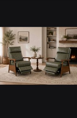 Set of 2 Genuine Leather Recliner Chairs - Fern Green Wood Frame