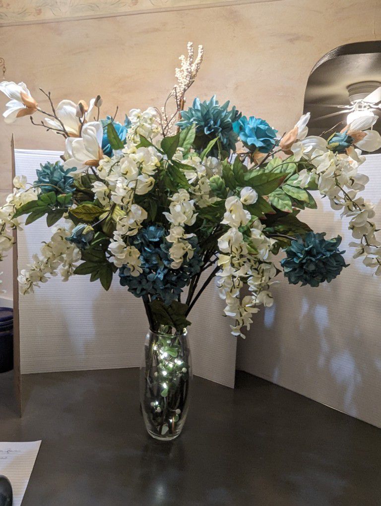 Turquoise And White Artificial Flower Arrangement 