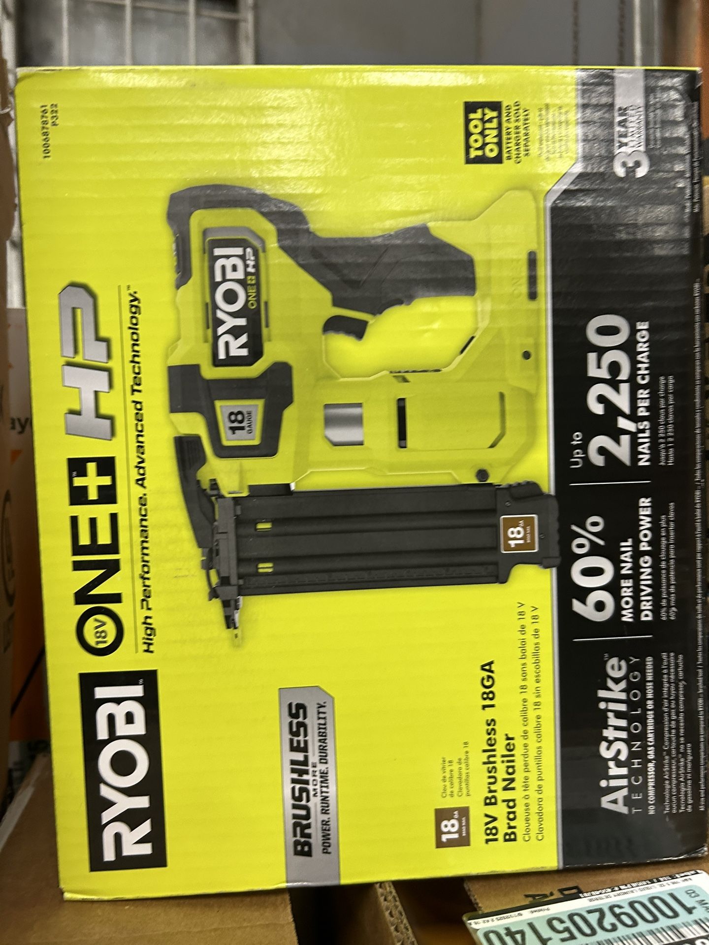 RYOBI ONE+ HP 18V 18-Gauge Brushless Cordless AirStrike Brad Nailer (Tool Only)
