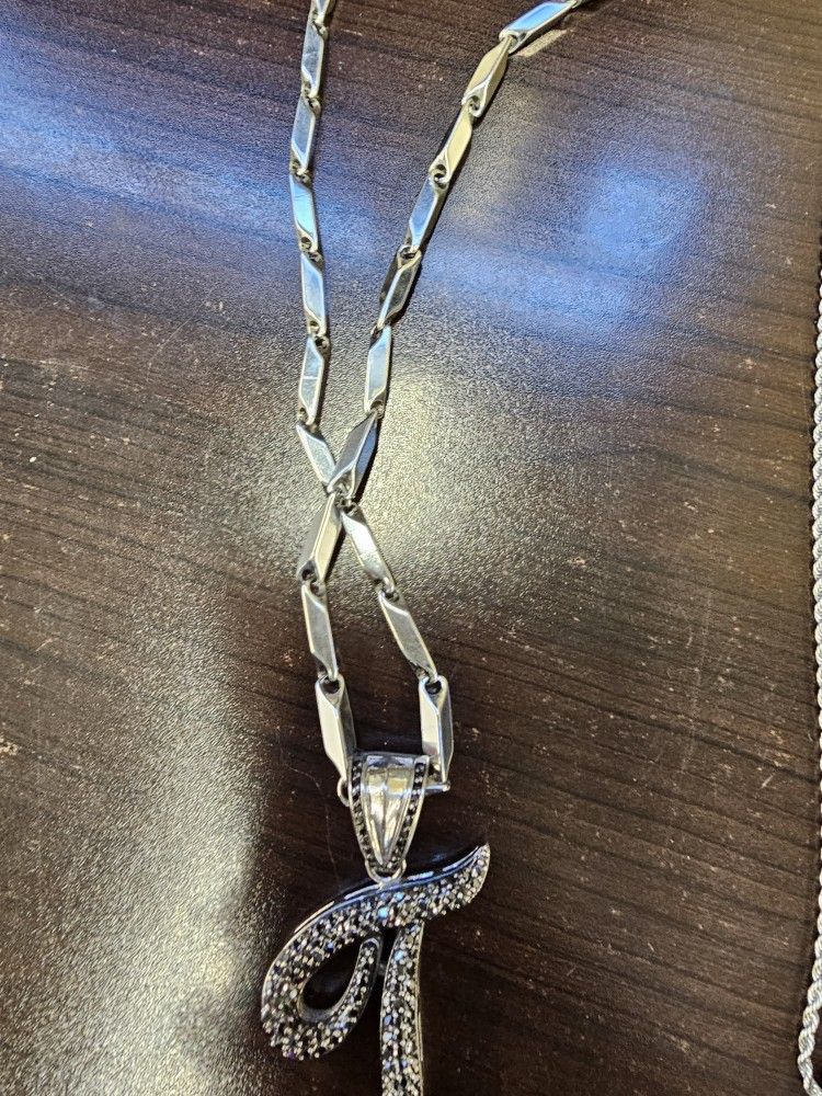 Stainless Steel Chain With The Letter T with Zirconium Stones Black