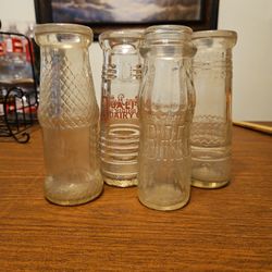 4 Old Glass Baby Bottles & Rack