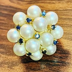 14kt Solid Gold Pearl Cluster with Blue Sapphires 