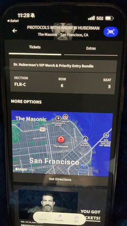 Dr Andrew huberman vip ticket protocols in San Francisco 10/28/2026 row 6 ticket master transfer