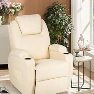 Beige Leather Massage Recliner Chair 360 Degrees Swivel Heated Ergonomic Lounge Chair