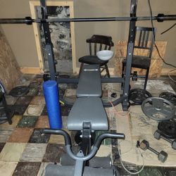 Olympic Bench Olympic Barbell 205 In Weights 15 Pd Dumbells And 35 Pd Dumbell And Foam Roller. And Resistance Bands
