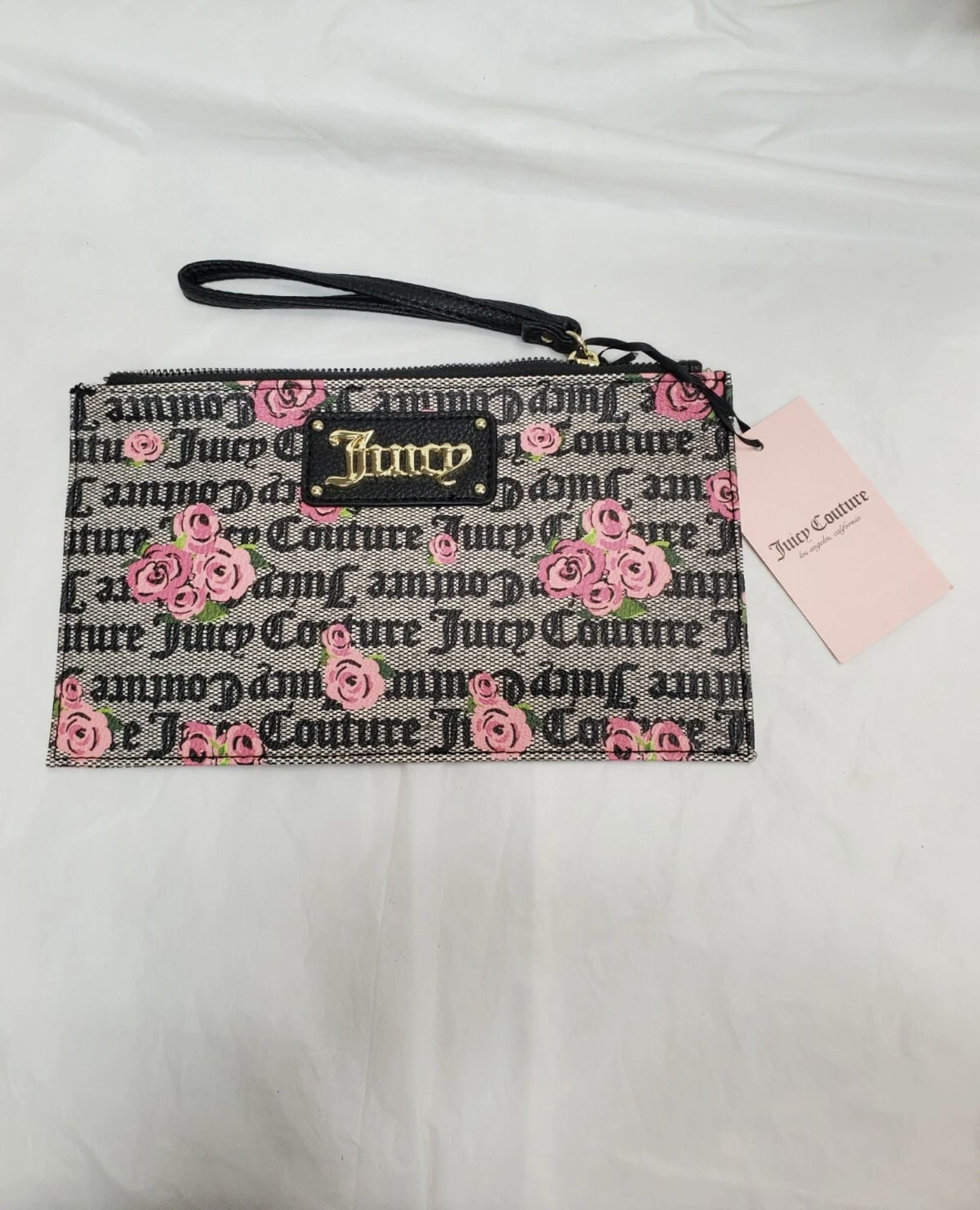 NWT Juicy Couture Pink Bloom Black  Forget Furget Me Not WRISTLET Faux Leather 