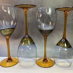 2 sets of (2) Rare Beautiful Hand blown pier 1 wine glasses Amber/ Root-beer Base and Stem (2) 9” &  (2) 9.5”. 