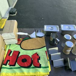 Concession Stand Supplies Lot – 2 “Hot” Banners, Metal Containers & Holders