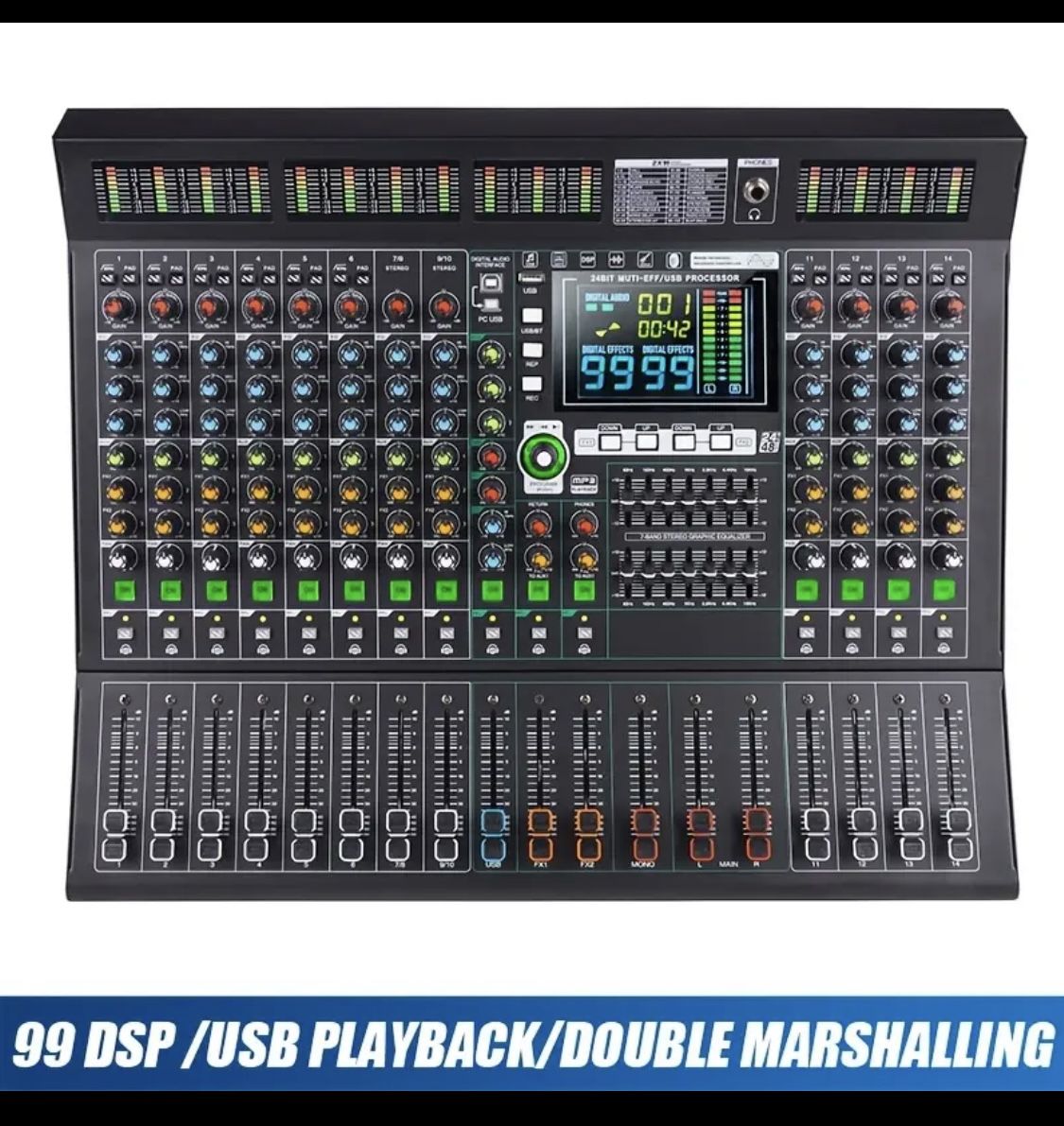 Professional Audio mixer 14 Channel with DBU led levels in each channel with 99DSP effects,recording