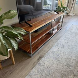 Crate & Barrel TV Stand – Solid Acacia Wood, 3-Shelf, Silver Metal Frame, 61”