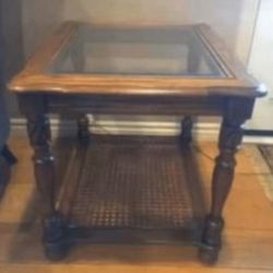 Mid-Century Accent Table Wood Woven Rattan