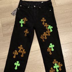 Chrome Hearts Green & Leopard Cross Patch Jeans