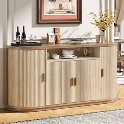 63"Sideboard Buffet Cabinet with Storage,Modern Fluted Credenza,Oak Wood Coffee Bar Console Table with Sliding Doors, Drawers and Adjustable Shelves f