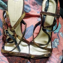 Image By Vince Camuto, Women's Metallic Leopard Print Bronze Ankle Strap High Heels