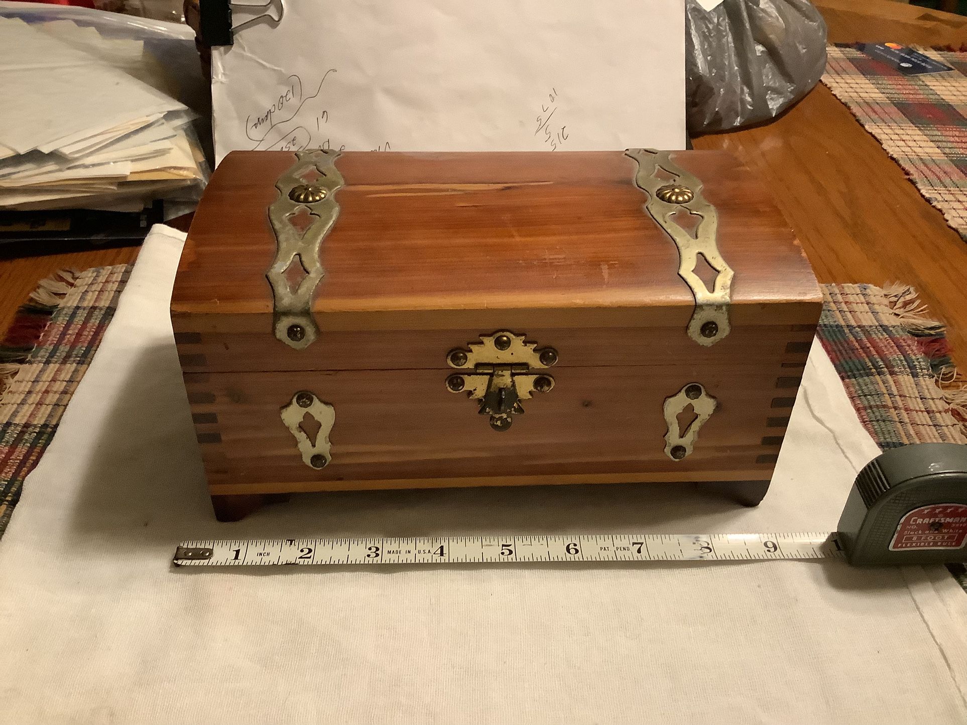 Vintage Cedar Box jewelry box, trinket box treasure chest 1960s approximately 9” wide, 4.5” tall 5” deep Has mirror on inside even includes a vintage 