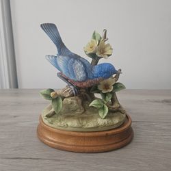 Vintage Andrea by Sadek -  Bluebird perched on Flowering Branch on a Wooden Base