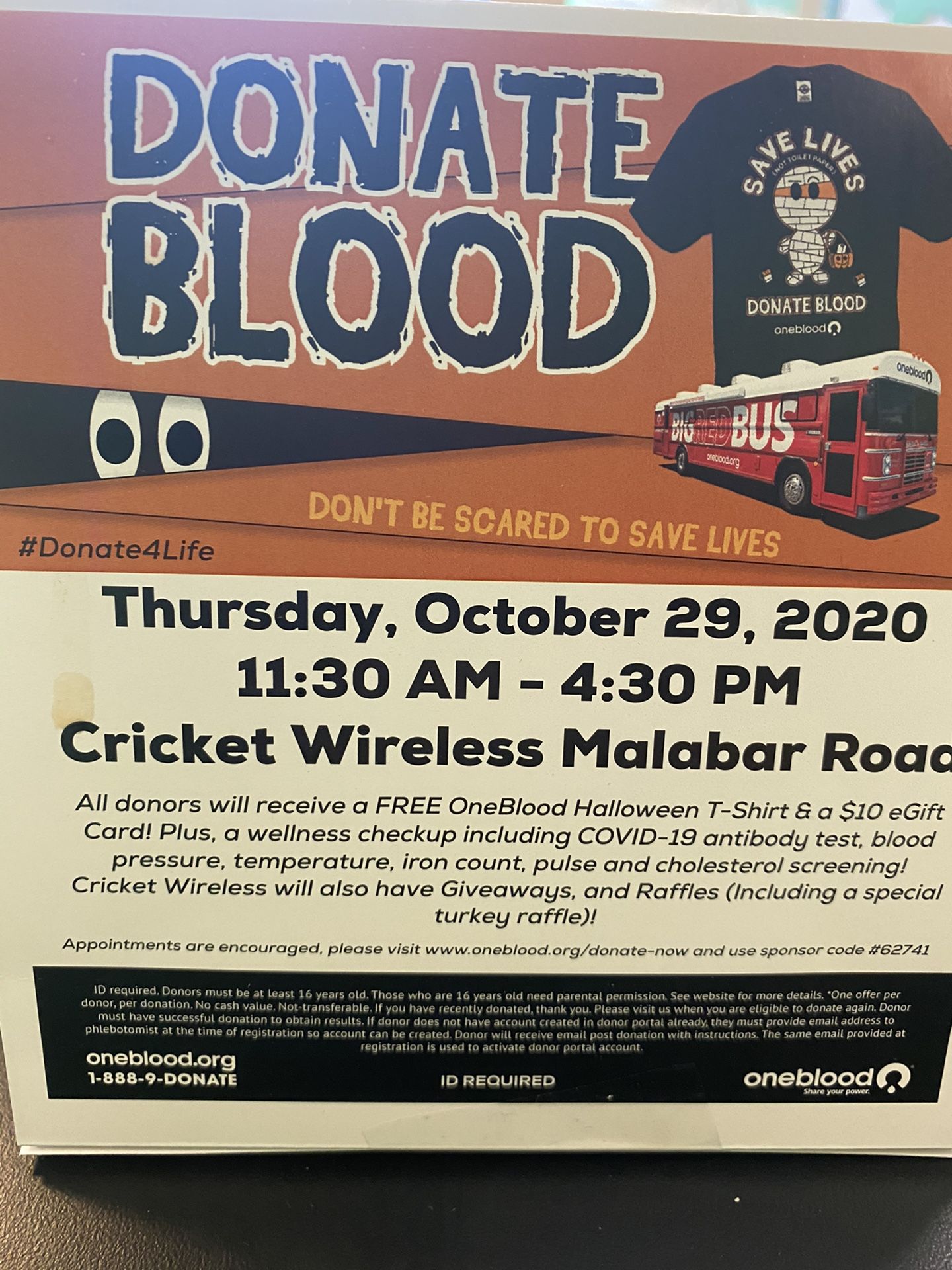 Donate Blood, Get a FREE Tshirt, $10 e-gift card, wellness check, Enter into a raffle to get a FREE phone at Cricket wireless on 190 Malabar rd TODAY!