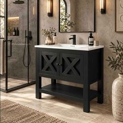 34.5 Inch Bathroom Vanity(sink not included) Farmhouse Bathroom Vanity with Storage, black Bathroom