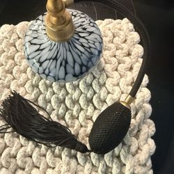 Make Offer:  Vintage Glass Marbled Black and White Perfume Bottle With Black Tasselled Puffer
