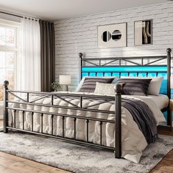 Victorian Metal King Size Bed Frame, Black, 54-Inch Tall Headboard 12.7-Inch Under-Bed Clearance, Remote & App-Controlled LED Lights, 883 l