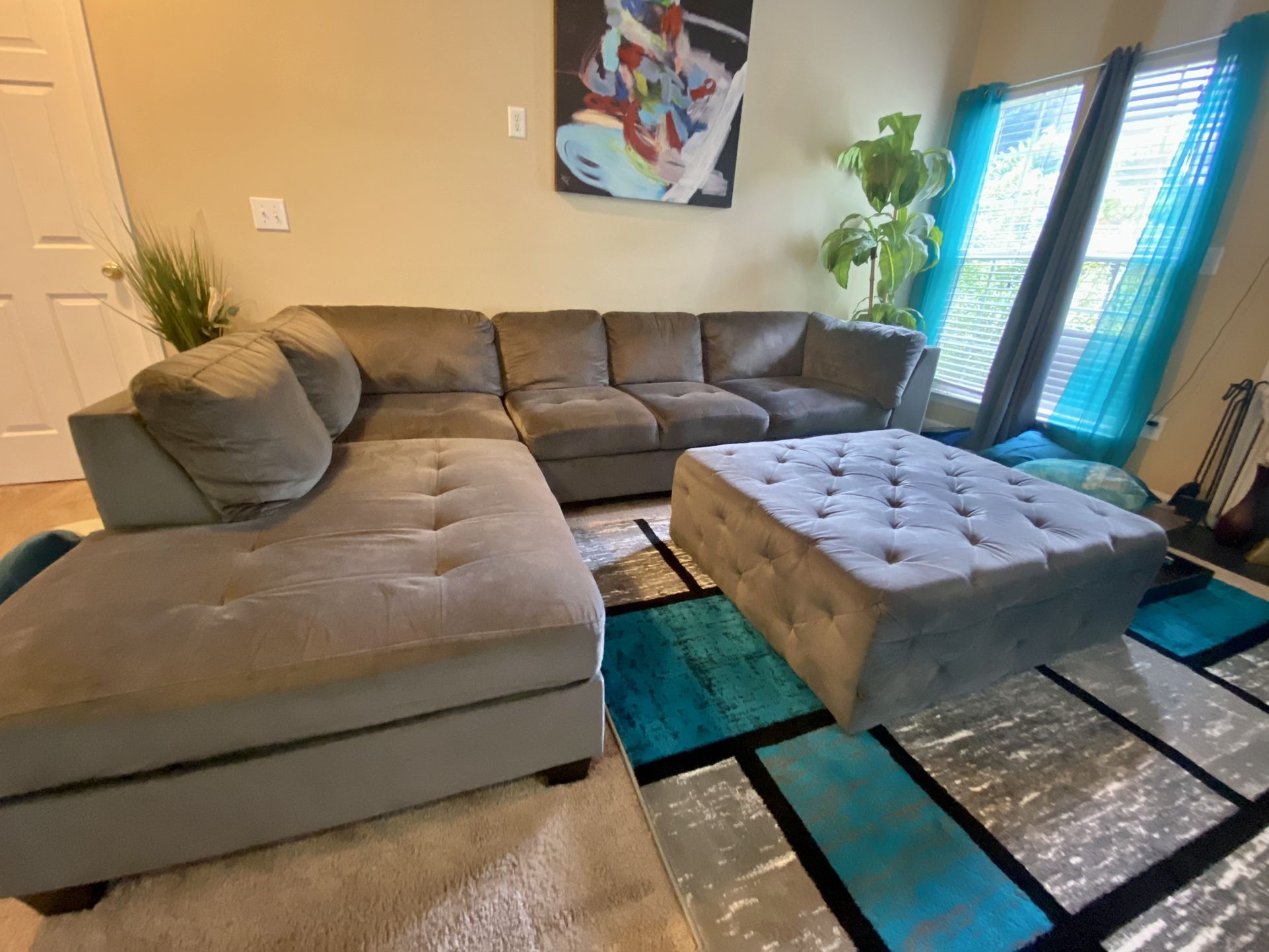 Grey Microsuede Sectional With Tiffed Ottoman