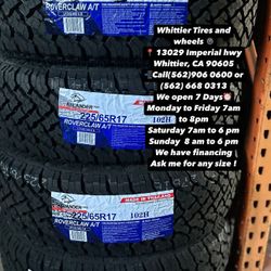 SET OF NEW TIRES, 225/65R17 ATLANDER AT 102H, INCLUDING MOUNTING AND BALANCING. ASK ME FOR ANY SIZE OR BRAND, LLANTAS NUEVAS