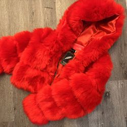 Red Faux Fur Crop Top Jacket