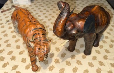 Vintage Hand Carved Tiger & Elephant Leather Wrapped Wood Safari Statue Set
