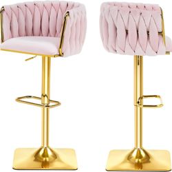 Modern Bar Stools Set of 2, Swivel Counter Height Barstools with Woven Back and Gold Metal Frame, Velvet Upholstered Adjustable Single Bar Chairs for 