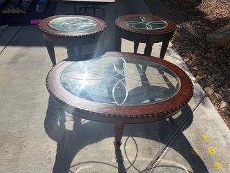 3-Piece Round Glass Top Coffee and End Table Set Solid Wood