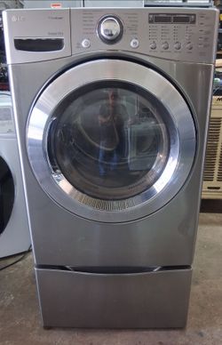 LG Super Capacity electric dryer on a pedestal