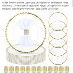 Viifan 100 Pcs 50 sets Clear Gold Charger Plates and Napkin Rings Including 13 Inch Plastic Beaded Rim Acrylic Charger Plates Napkin Rings for Wedding