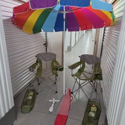 2 Chairs, Umbrella And Holder For Sand,  New, Never Used