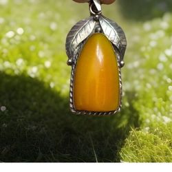 Vintage & Handcrafted Mango Shape Amber Bakelite Pendant Set In Silver 2”inch & 6.47grams.
