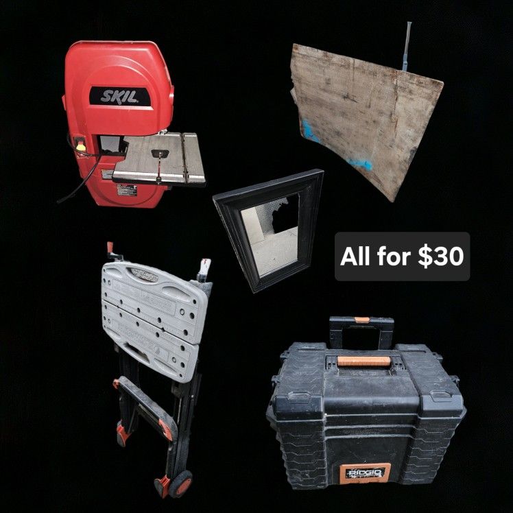 Package Deal: Ridgid Box (Minor Handle Issue), Skil Bandsaw- No Blade, B&D Workmate, Mirror, Pegboard, Scrap Wood Etc., MUST TAKE ALL