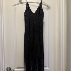 Strapping Black Sequin Cocktail Dress With Fringe