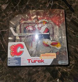ROMAN TUREK 2002 SERIES 3 MCFARLANE NHL WHITE JERSEY FREE CASE WITH BIN FLAMES