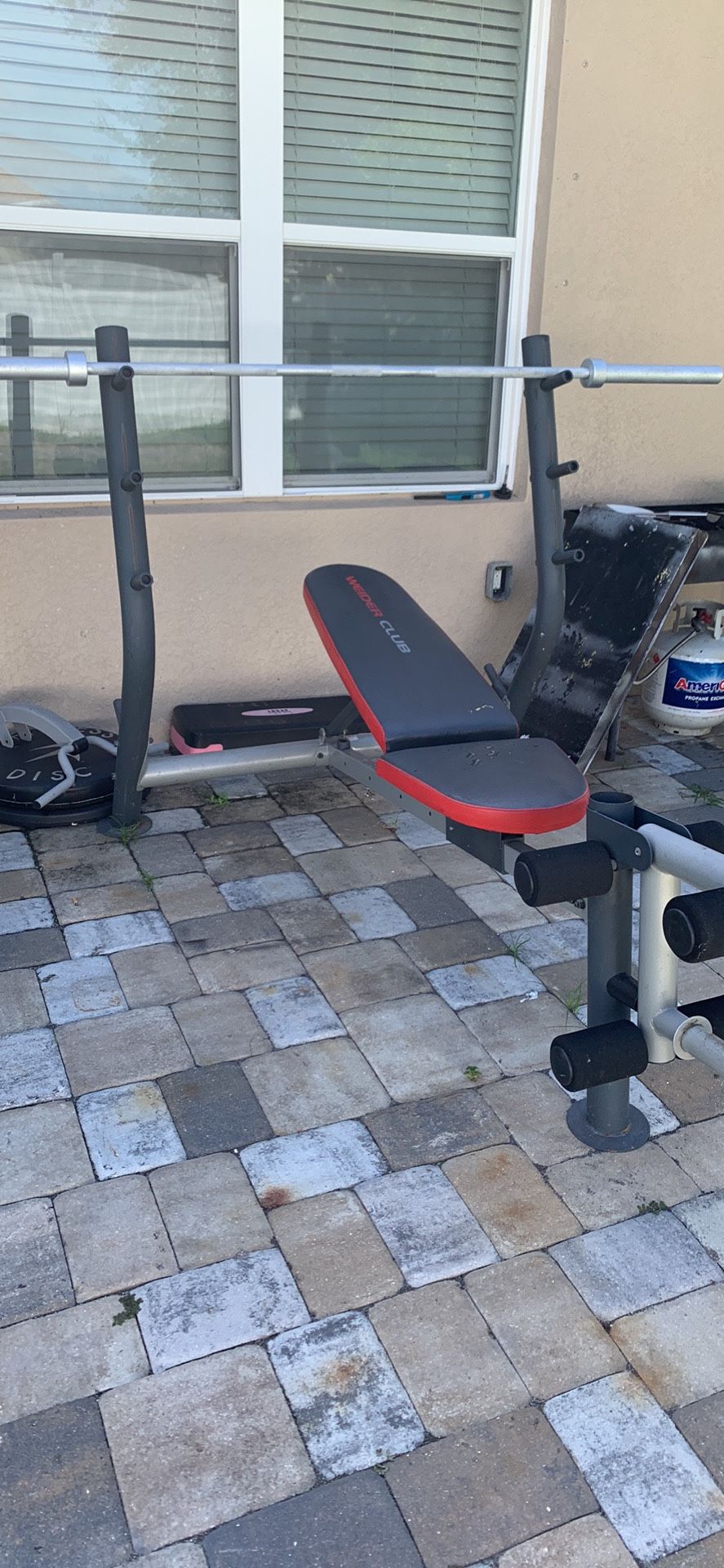 Olympic Adjustable Bench And Rack Combo With Barbell And 100 Pounds Of Weights Plates For 350 Firm