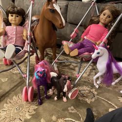 American Girl Doll Set (2) W/strollers And Horses. Wobbly Legs