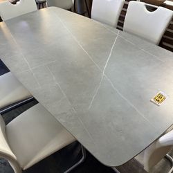 New 6 Chairs And 70”x35” Sintered Stone Faux Marble Dining Table Set 