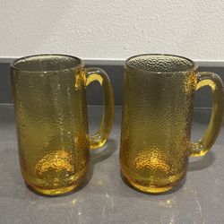 Vintage MCM Amber/ Honey Textures Root Beer Glasses With Handles.  Set Of 2