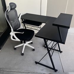 New In Box 53 Inch L Shape Corner Game Gaming Gamer Style Black Desk Table With Mesh Office Computer Chair Furniture Combo Set 