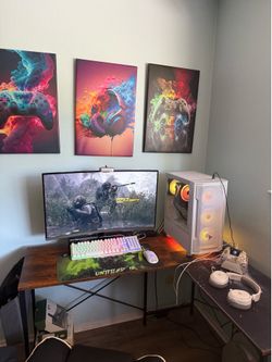 PC de escritorio, Mesa, mando gamer, Audífonos gaming, speaker &, silla gaming