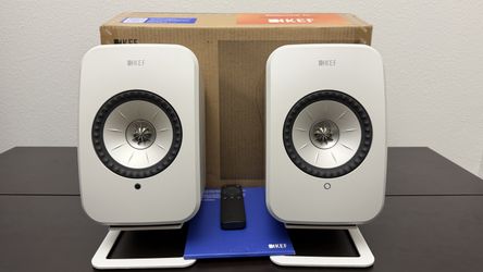 KEF LSX II LT Wireless Speakers (White) + Matching Kanto Stands