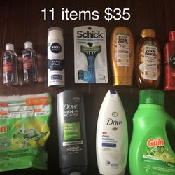 2 Gain Laundry Soap; 2 Dove Body Wash; 2 Garnier Shampoo Conditioner; 1 Old Spice Hair; 1 Schick Razor, 1 Nivea Shave Gel; 2 Hand Saniti:11 Item $35