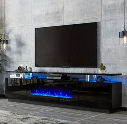 NEW 80Inch Fits up to 98” Tv  Black Gloss TV Stand with Electric Fireplace and LED Lighting